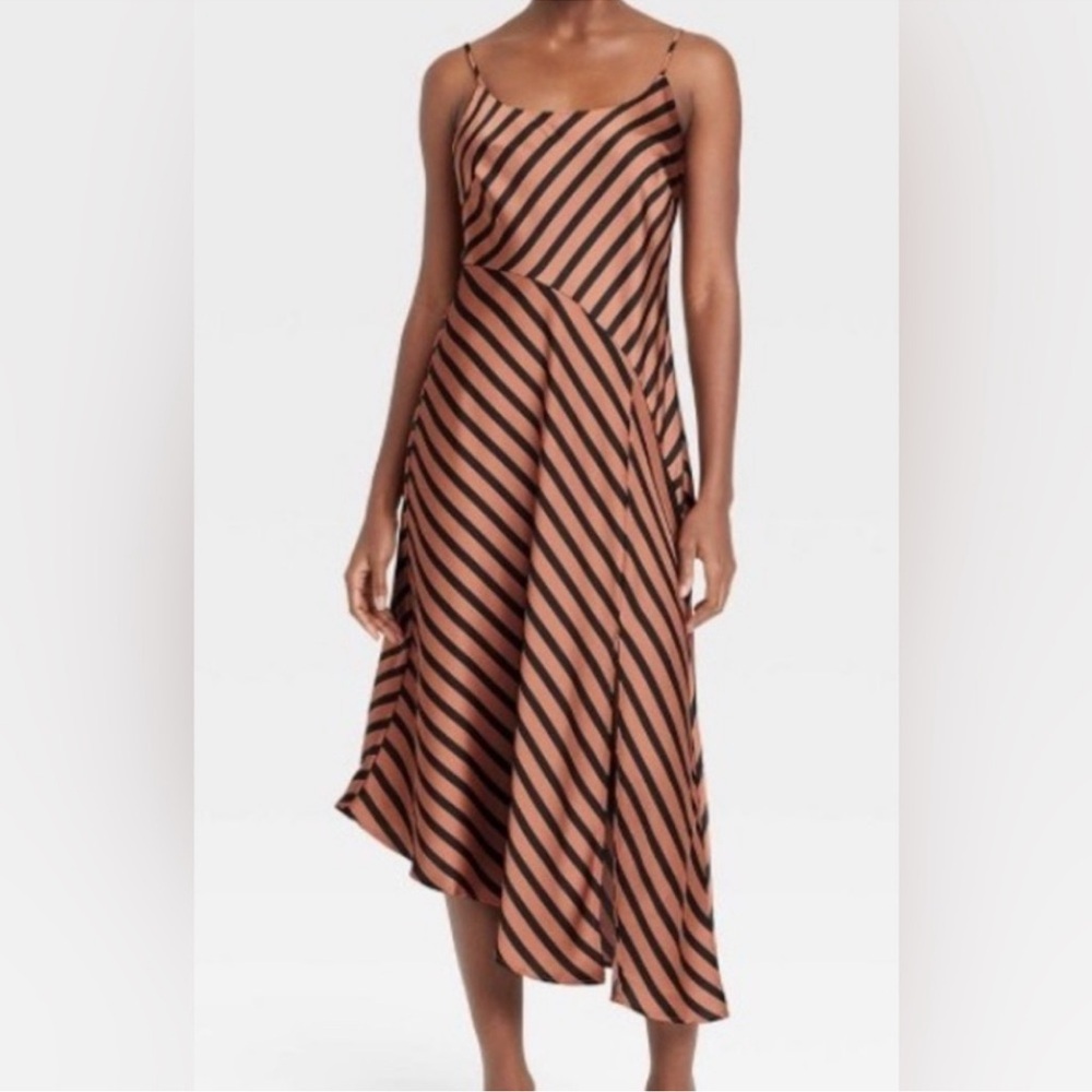 NWT a new day Asymmetrical Dress, Satin, Black & Copper Stripe